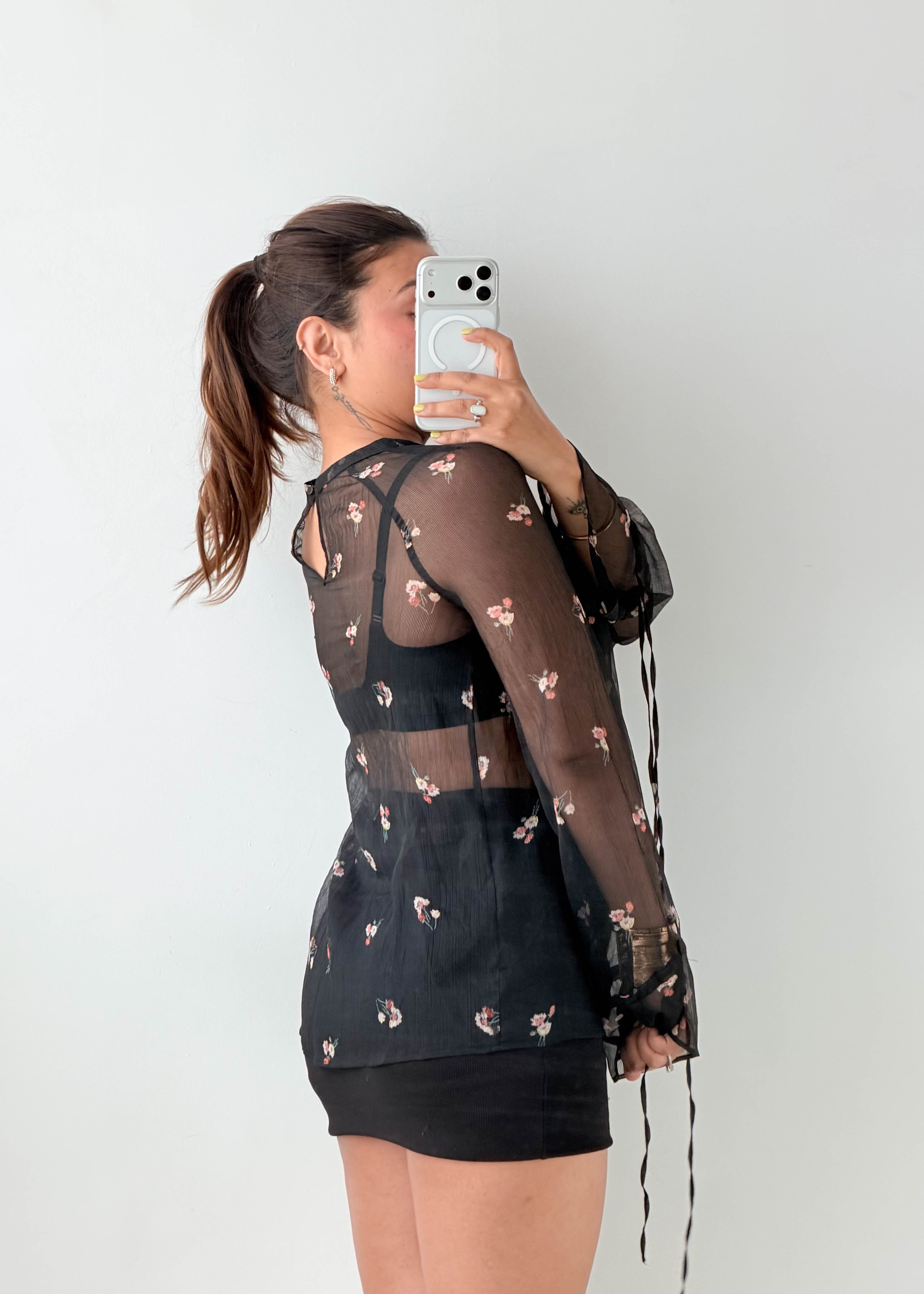 Size S-M Black Sheer Floral Blouse