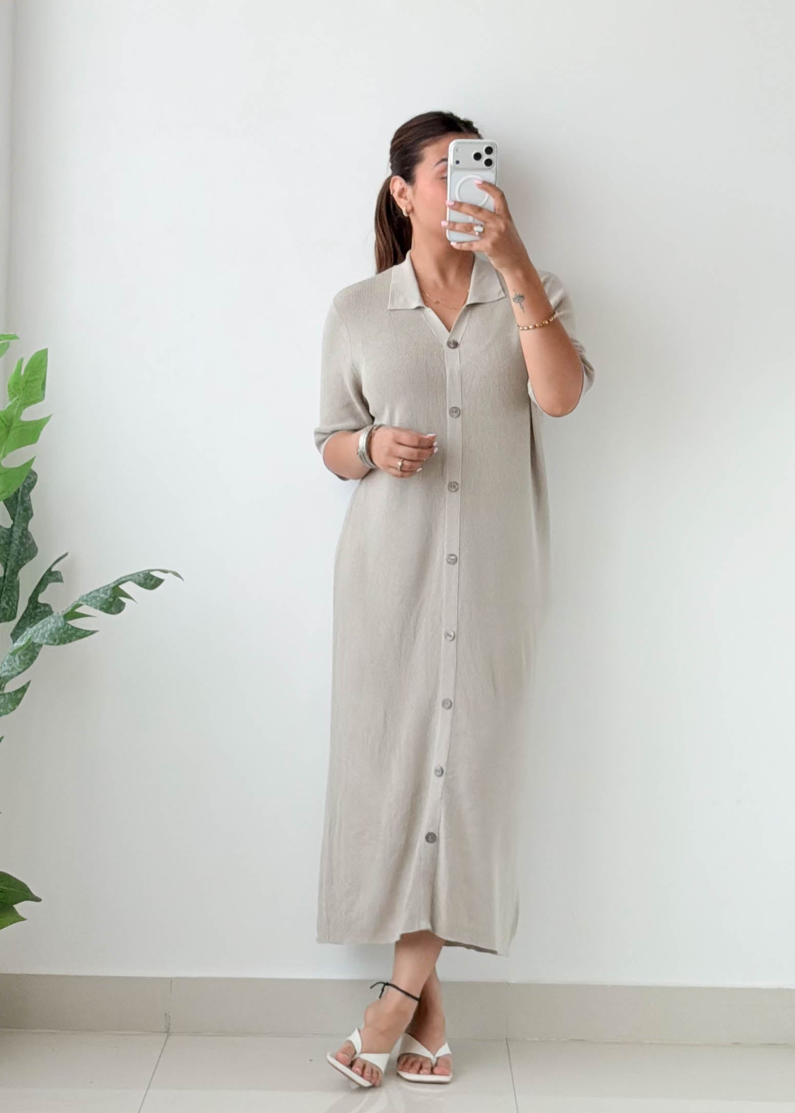Size L-XL Beige Button-Down Knit Midi Dress
