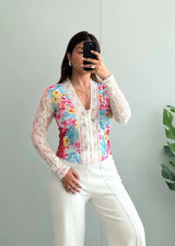 Size XS-S, Vintage Floral Lace Long Sleeve Fitted Top - Closet by Payal