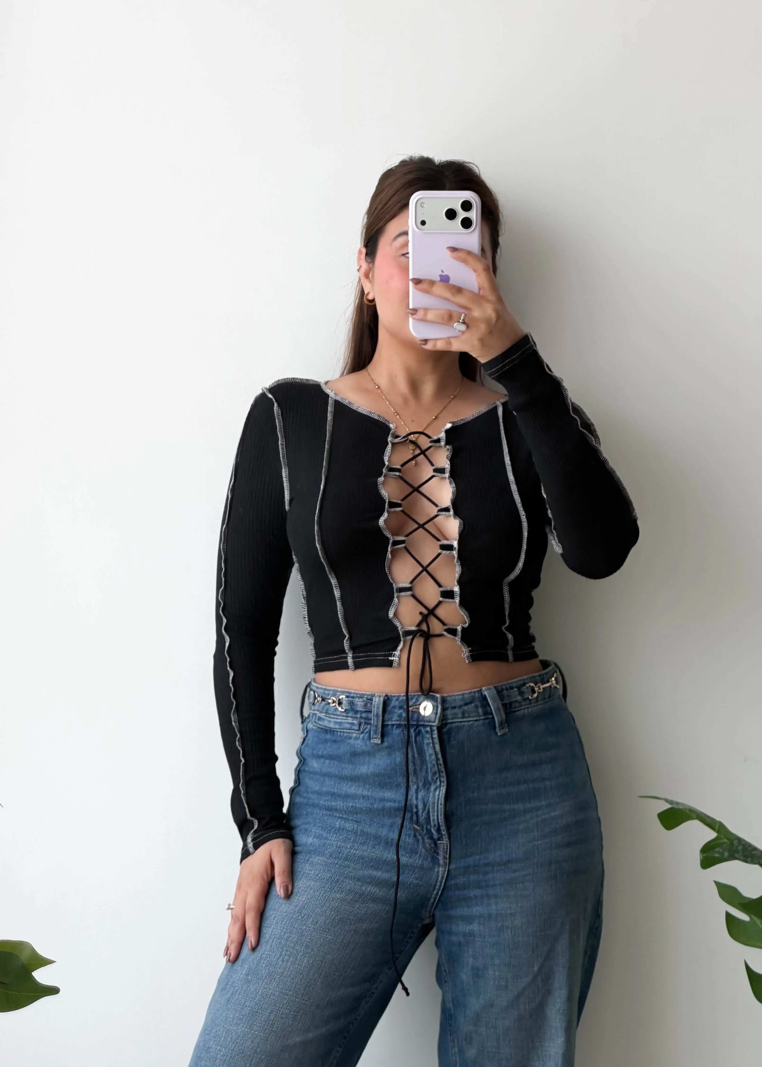 SIZE XS-S, Black Lace-Up Front Crop Top