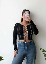 SIZE XS-S, Black Lace-Up Front Crop Top