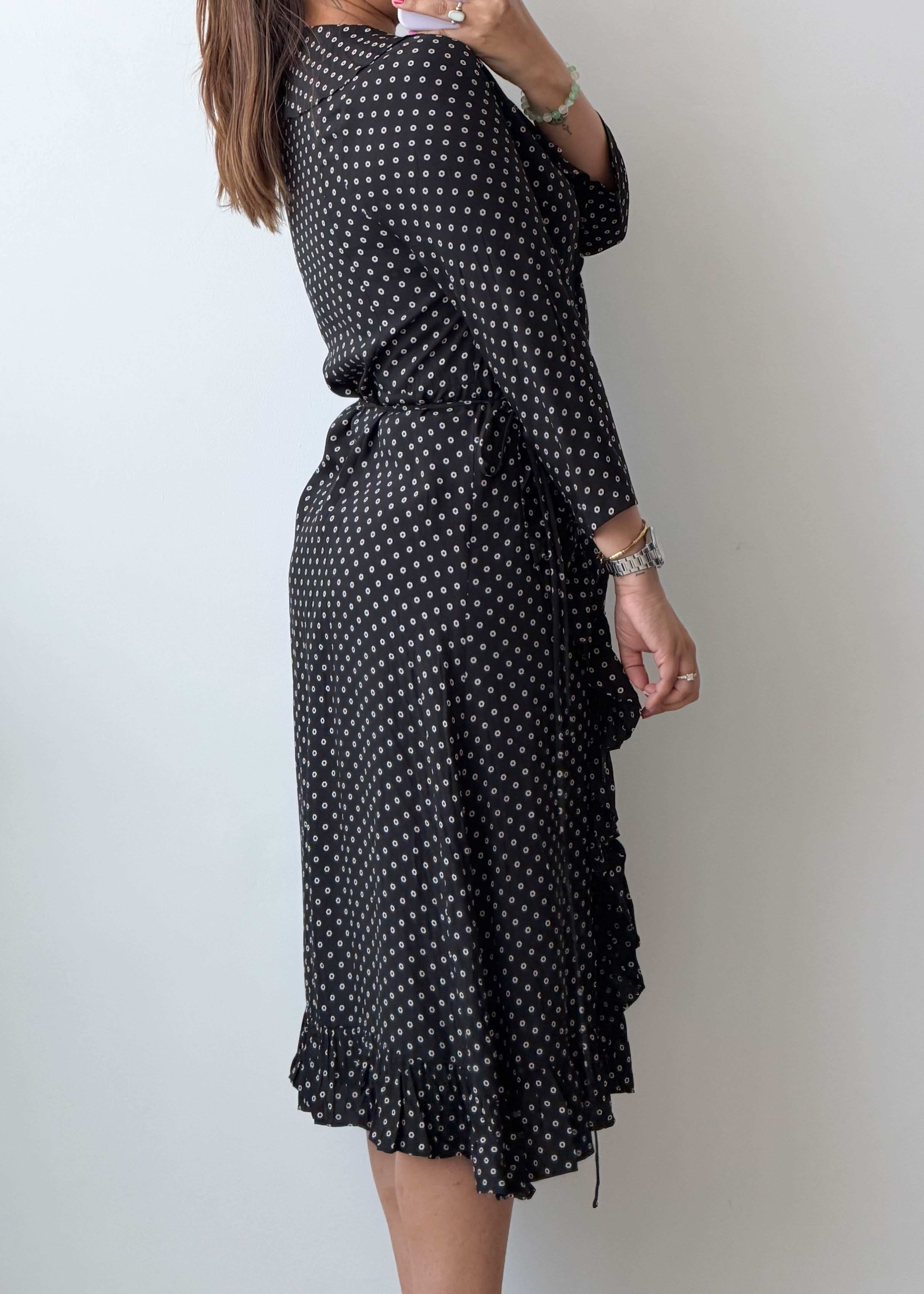 M-L Black White Polka Dot Wrap Dress