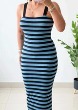 Size S-M, Blue & Black Stripe Ribbed Midi Dress - Closet by Payal