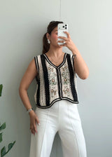 Size M, Black & Cream Crochet Vest Top - Closet by Payal