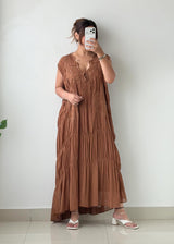 Size M-L Brown Embroidered Pleated Maxi Dress