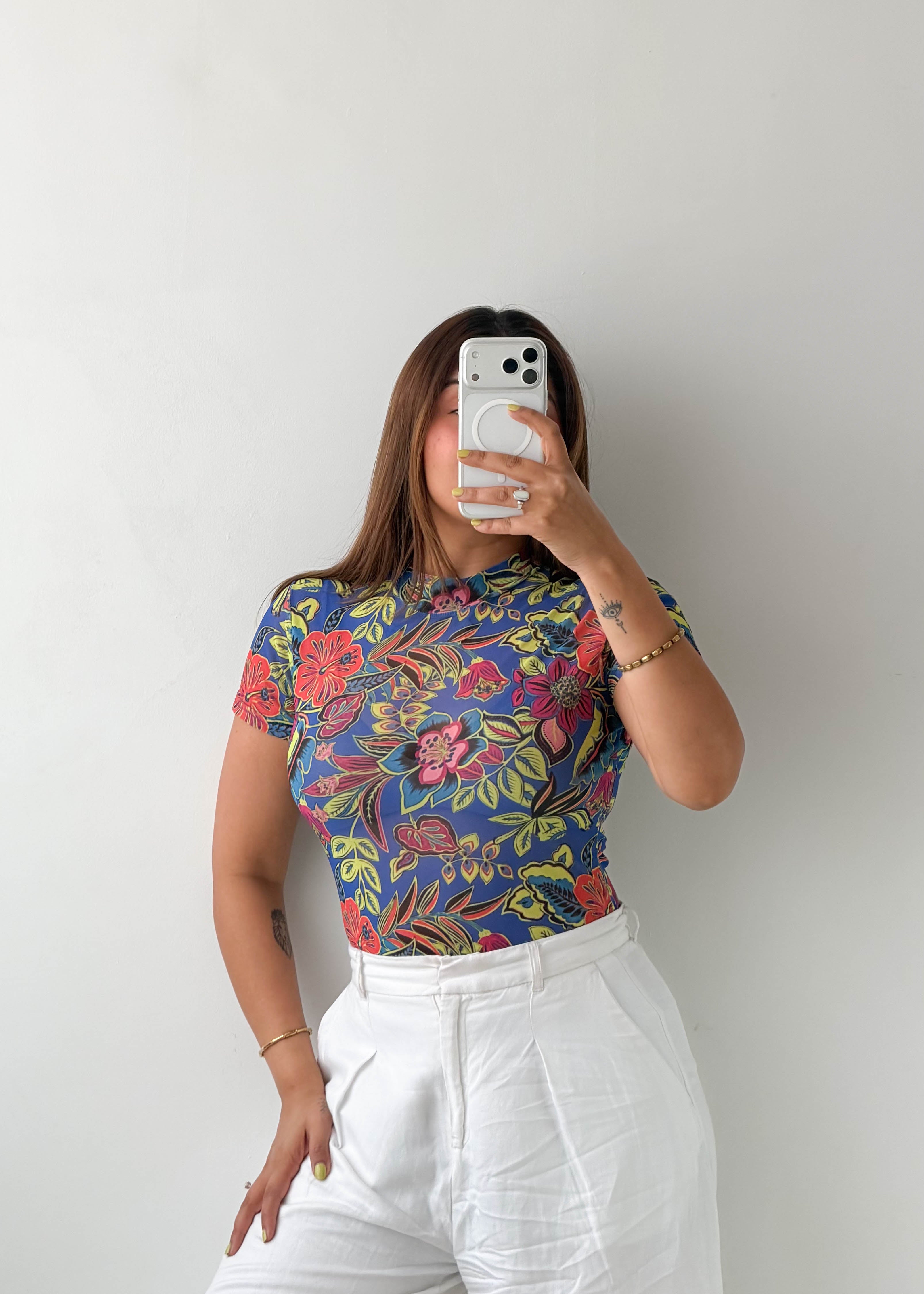 Size S-M Blue Floral Print Bodysuit