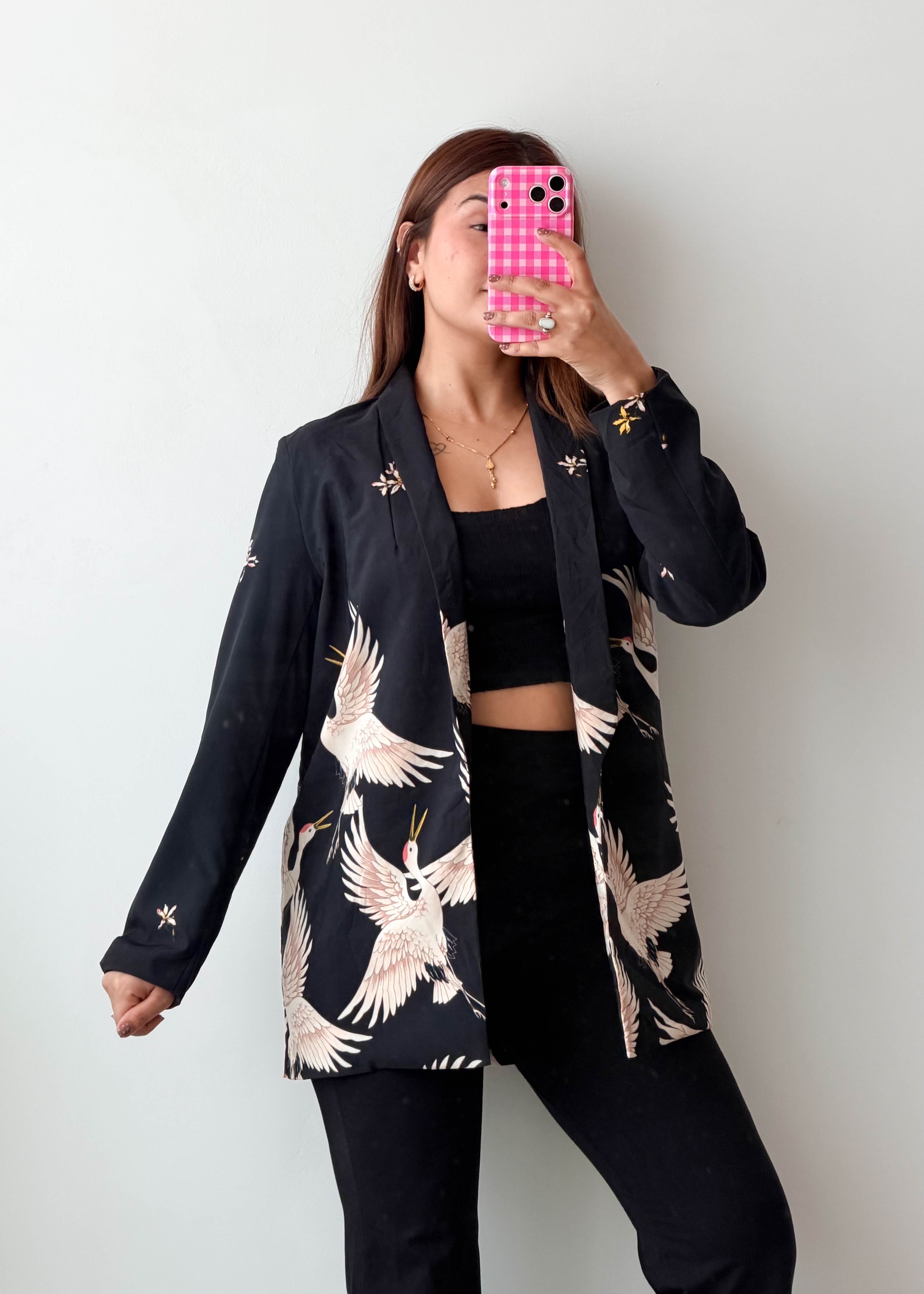 Size S-M Black Crane Print Blazer Jacket