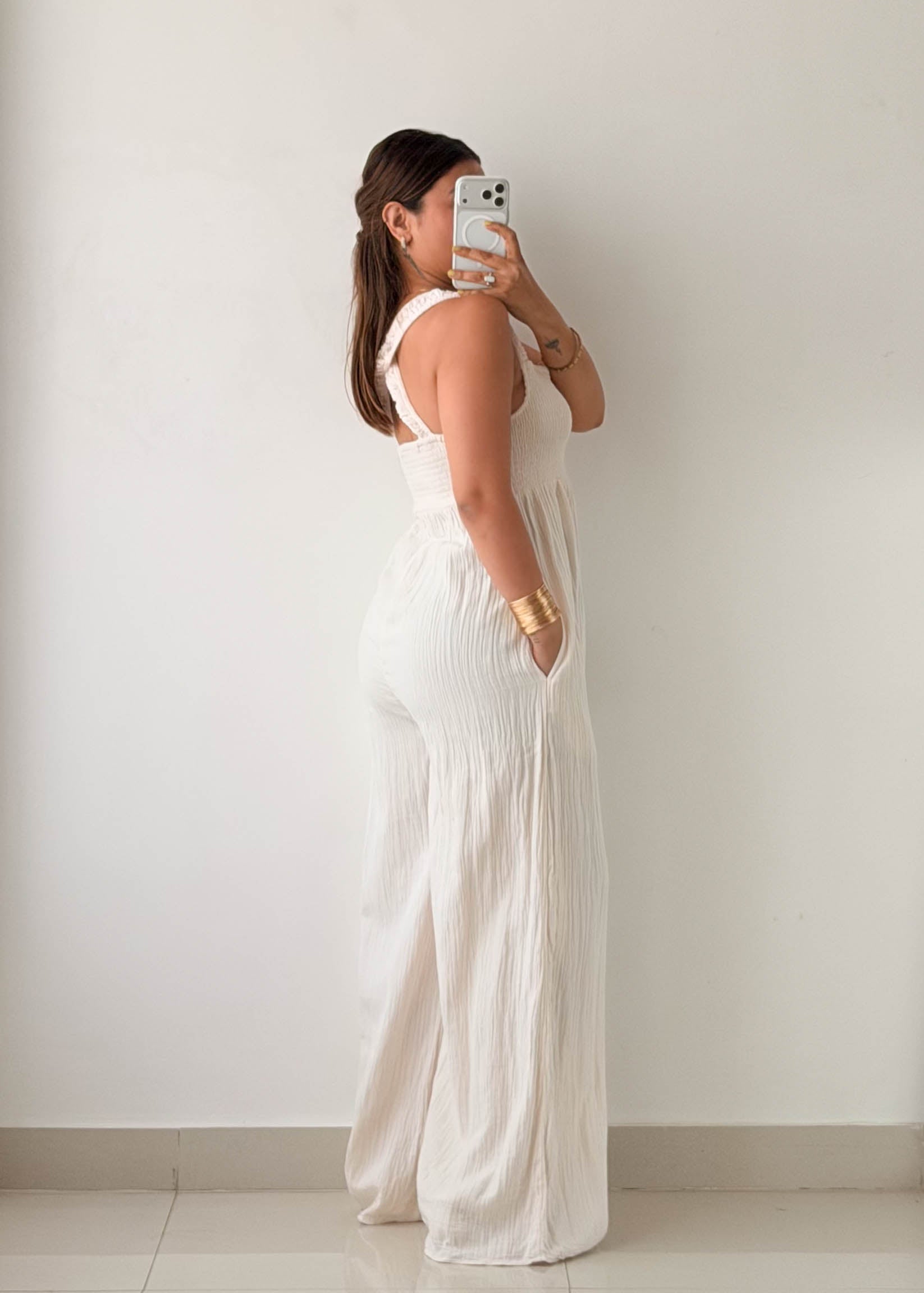 Size M-L White Textured Wide Leg Jumpsuit
