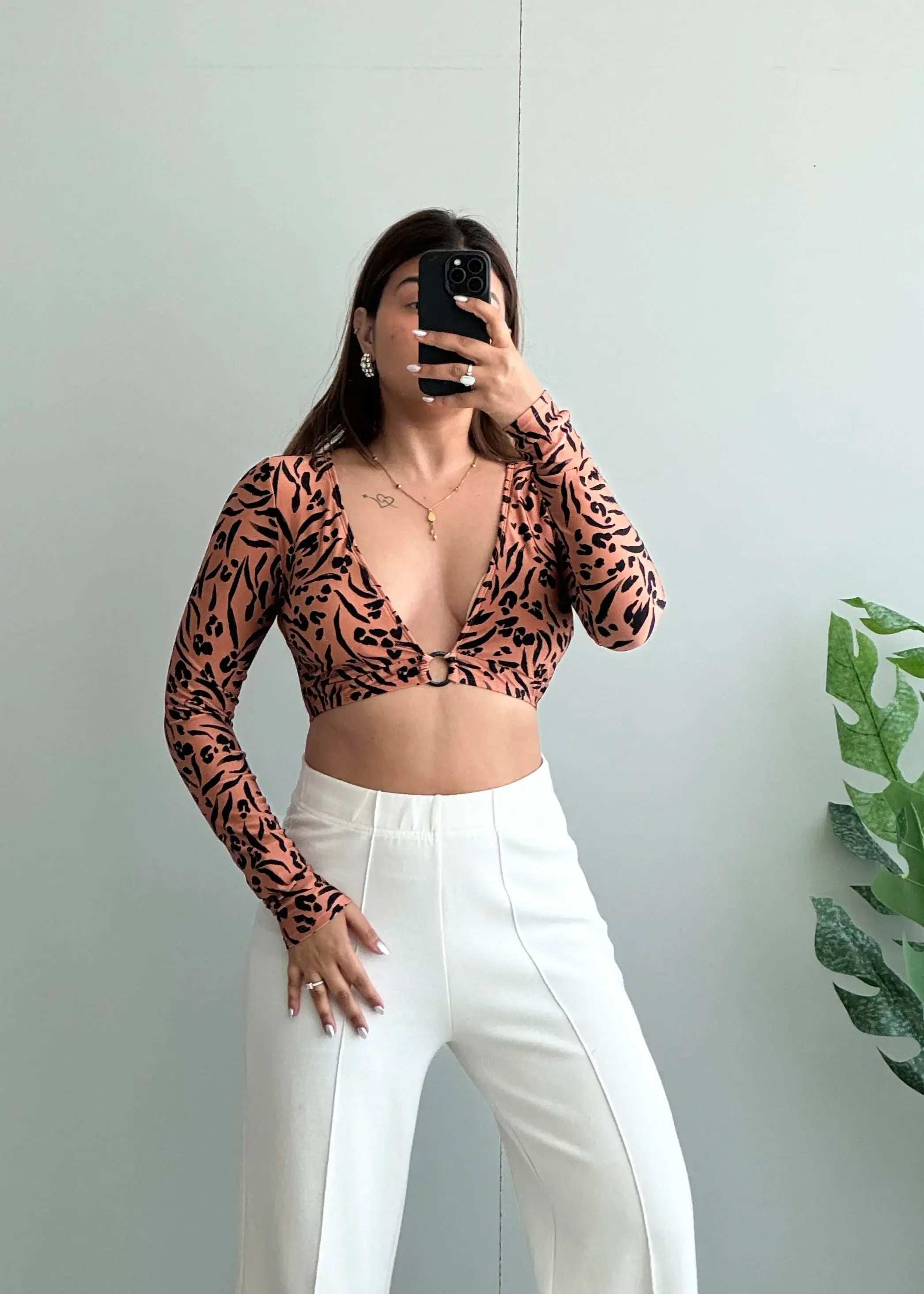 Size XS-S, Long Sleeve Deep V Padded Animal Print Crop Top - Closet by Payal