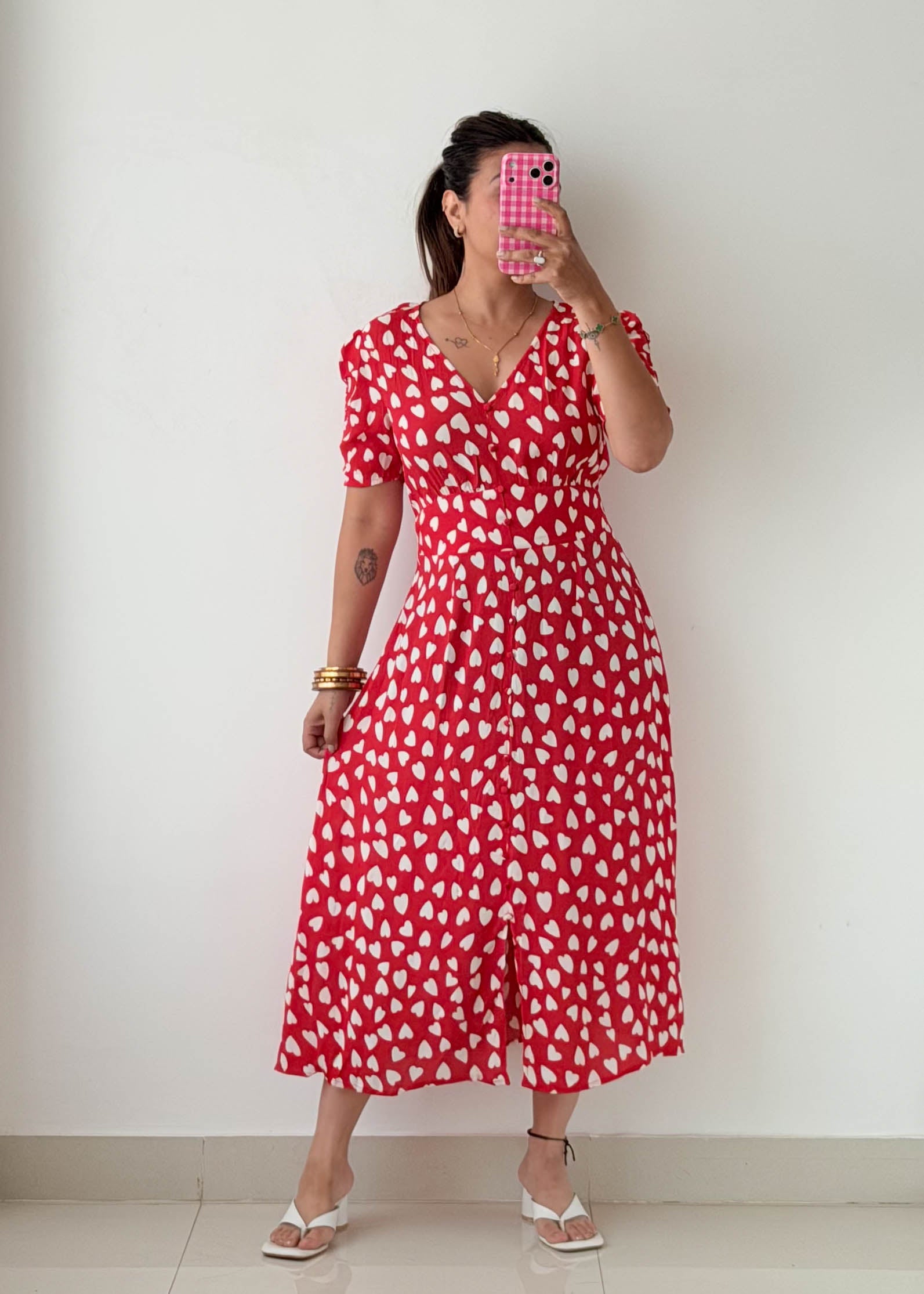 Size M-L Red Heart Print Midi Dress