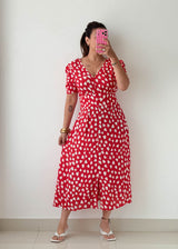 Size M-L Red Heart Print Midi Dress