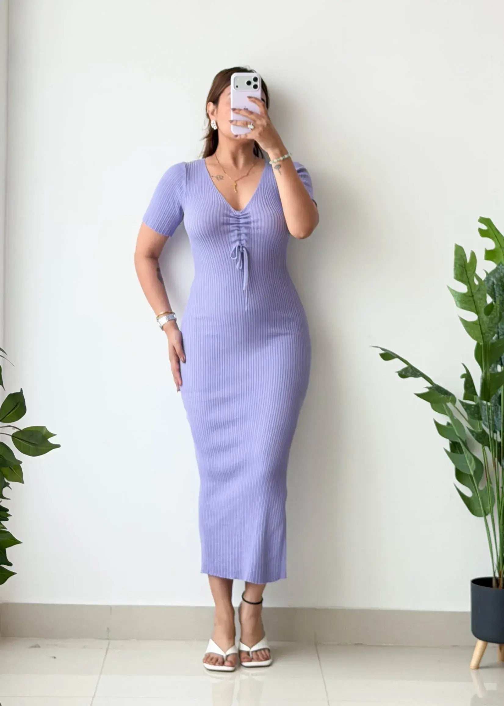 Size S-M, • Lavender Tie-Up Ribbed Midi Dress - Closet by Payal