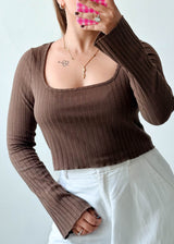 Size M-L Chocolate Brown Ribbed Long Sleeve Top