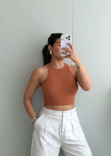 Size XS-S, Rust High Neck Ribbed Crop Top - Closet by Payal