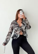 Size XS-S Grey Floral Ruffle Sheer Blouse