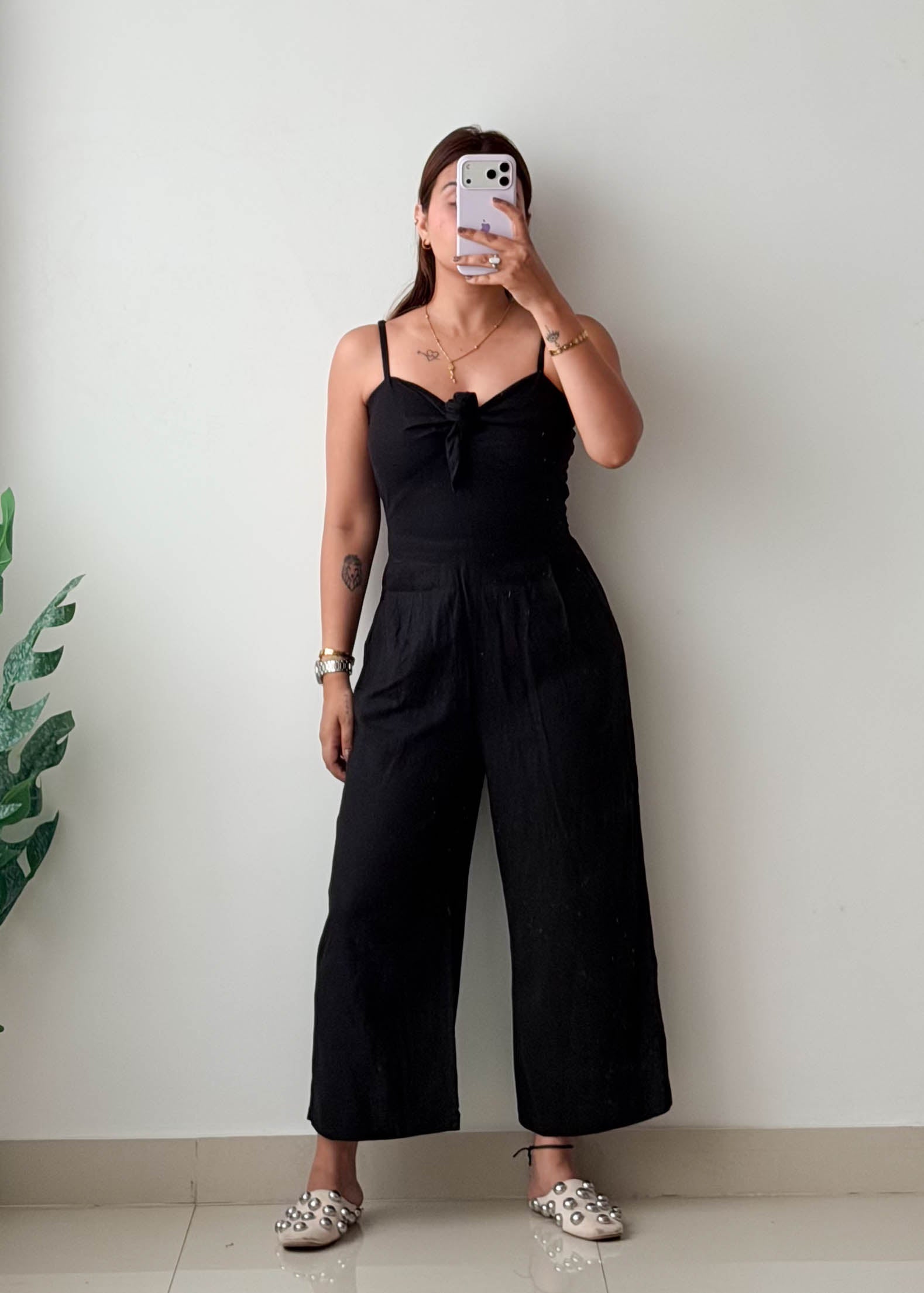 Size XS-S Black Tie Front Wide Leg Jumpsuit