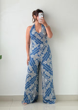 Size M-L Blue Paisley Print Halter wrap around Jumpsuit