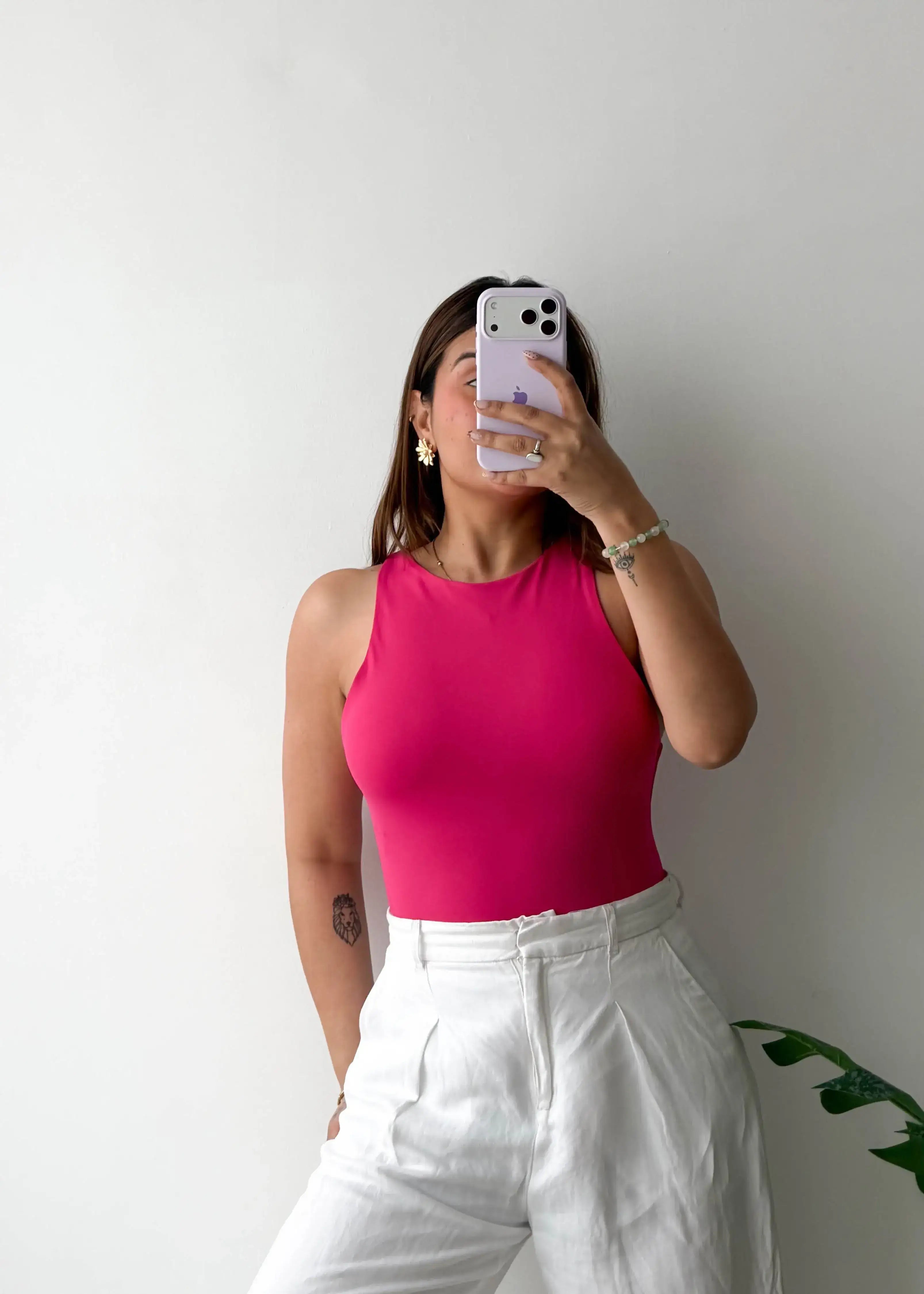 Size S-M, Hot Pink Round Neck Sleeveless Bodysuit