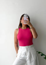 Size S-M, Hot Pink Round Neck Sleeveless Bodysuit