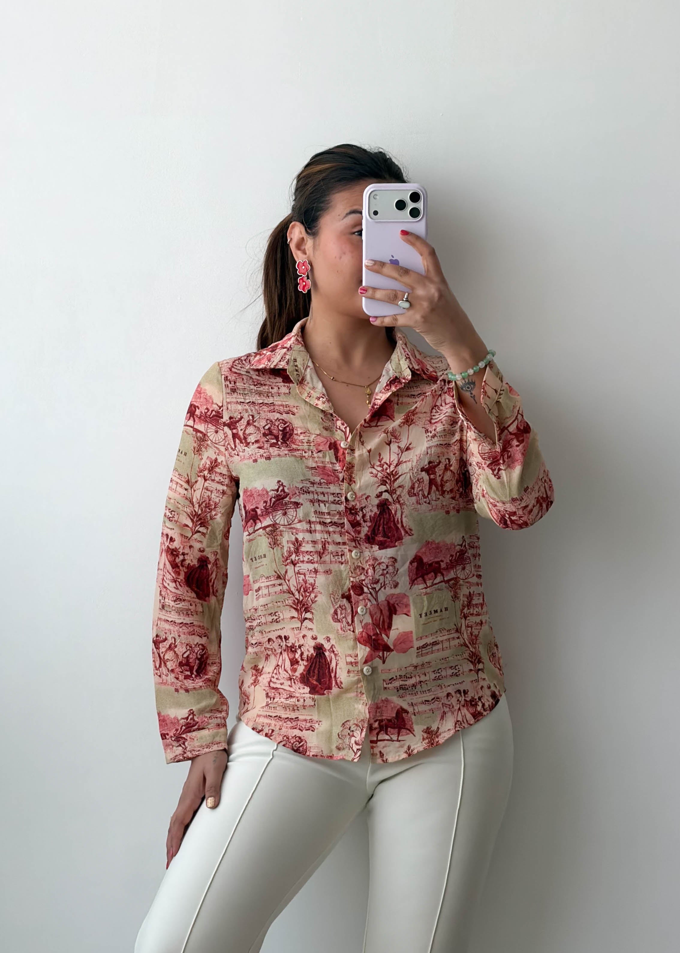 XS-S Beige Red Vintage Print chiffon Shirt