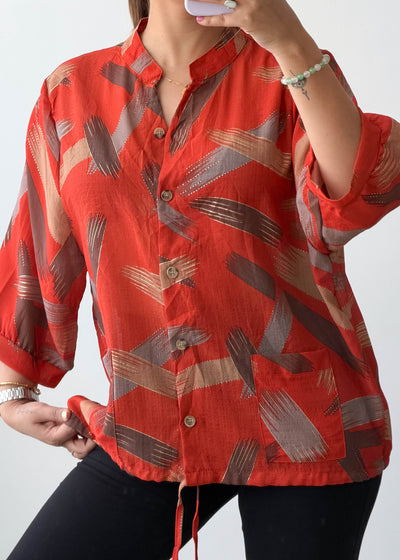 M-L Orange Abstract Oversized Soft Chiffon Shirt