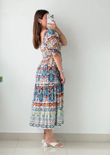 Size M-L Multicolor Printed Smocked Midi Dress