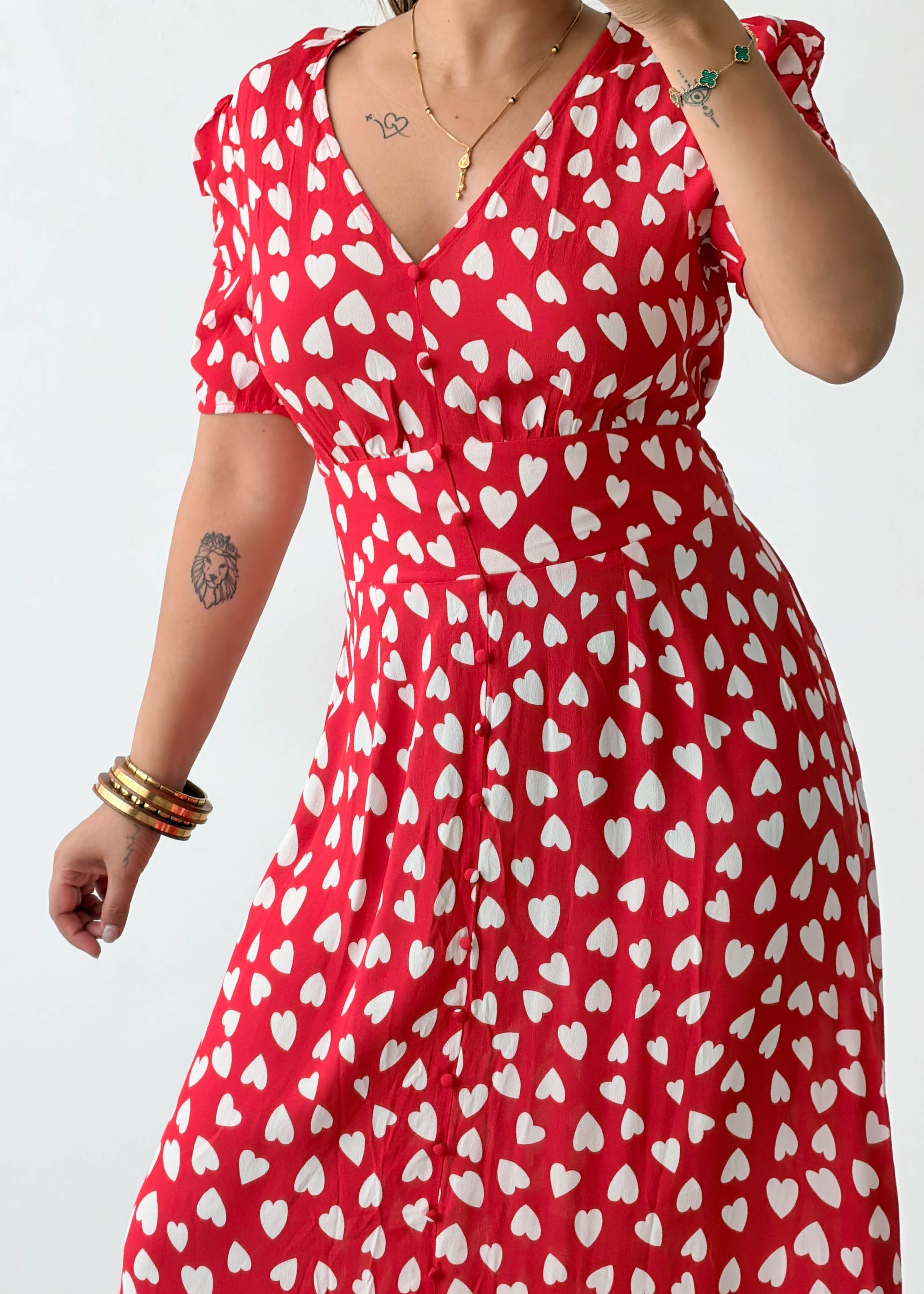 Size M-L Red Heart Print Midi Dress