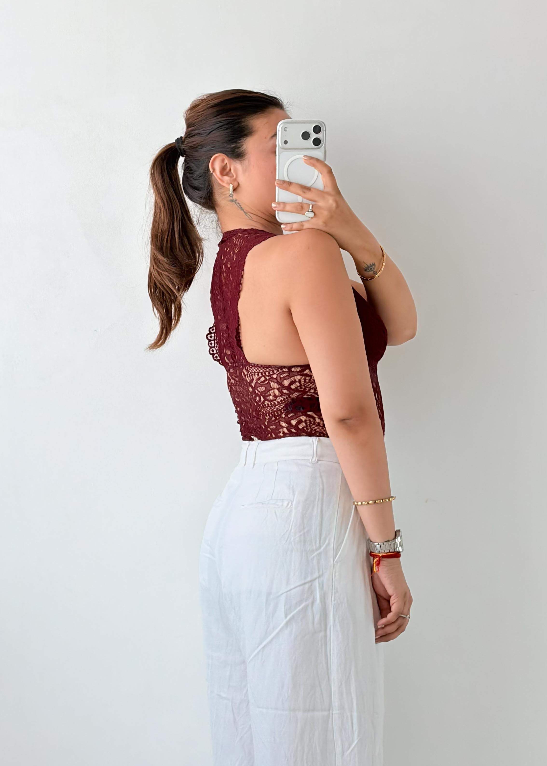 Size XS-S Burgundy Lace Halter Bodysuit