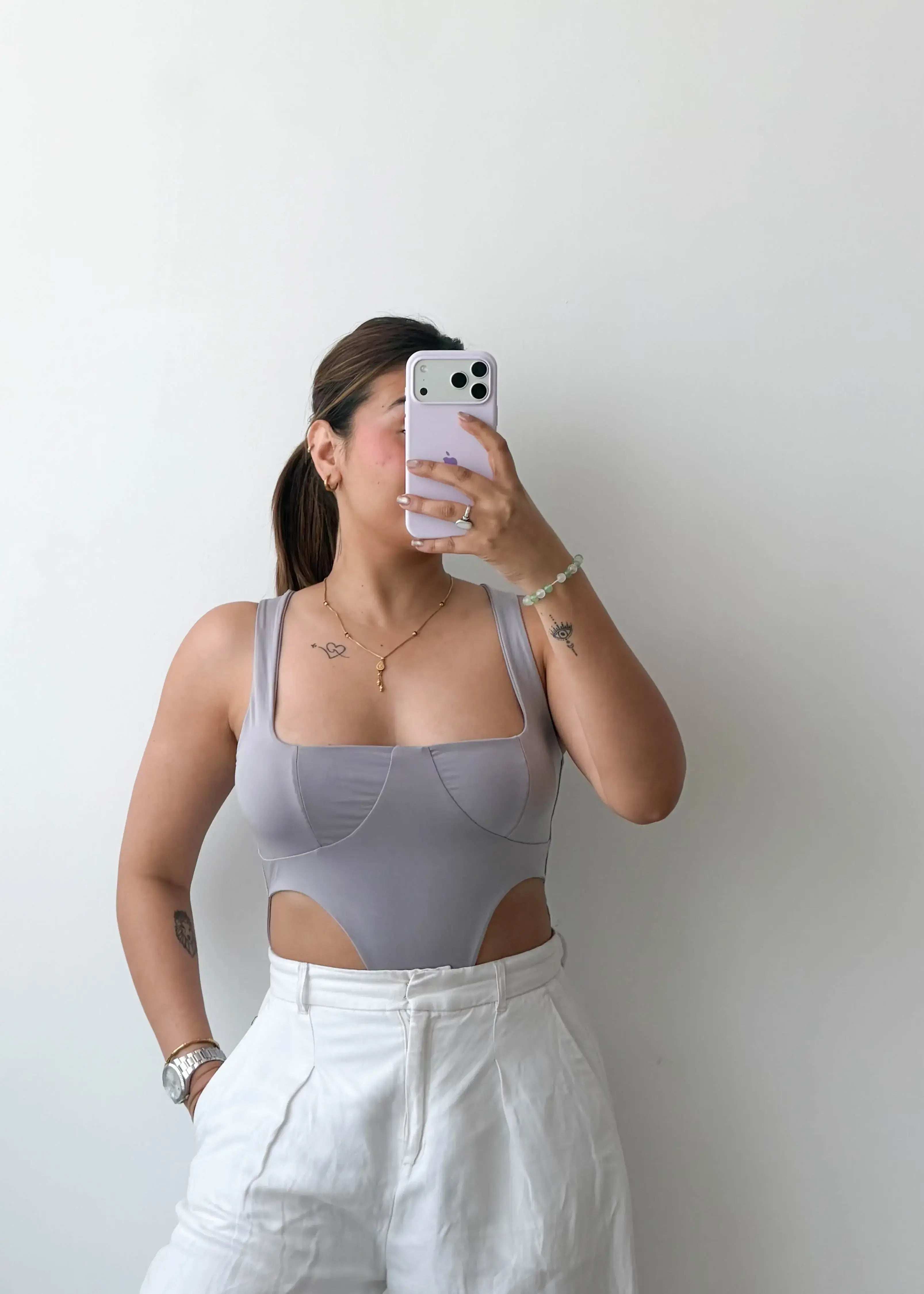 Size M-L Grey Cut-Out Bodysuit