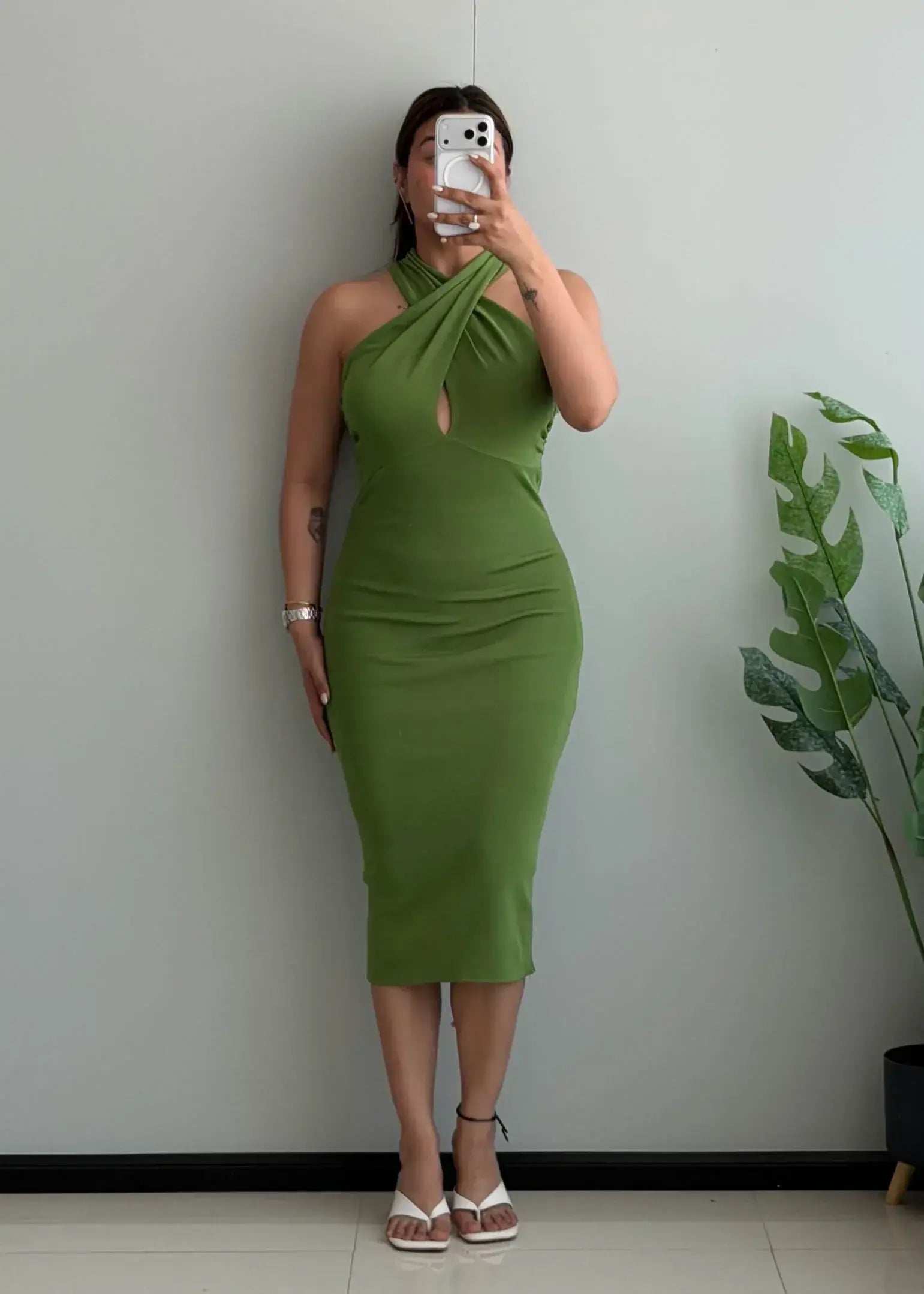 SIZE S-M, Olive Halter Twist Bodycon Midi Dress - Closet by Payal