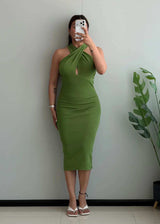 SIZE S-M, Olive Halter Twist Bodycon Midi Dress - Closet by Payal