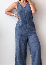 Size M Blue Chambray Wide-Leg Jumpsuit