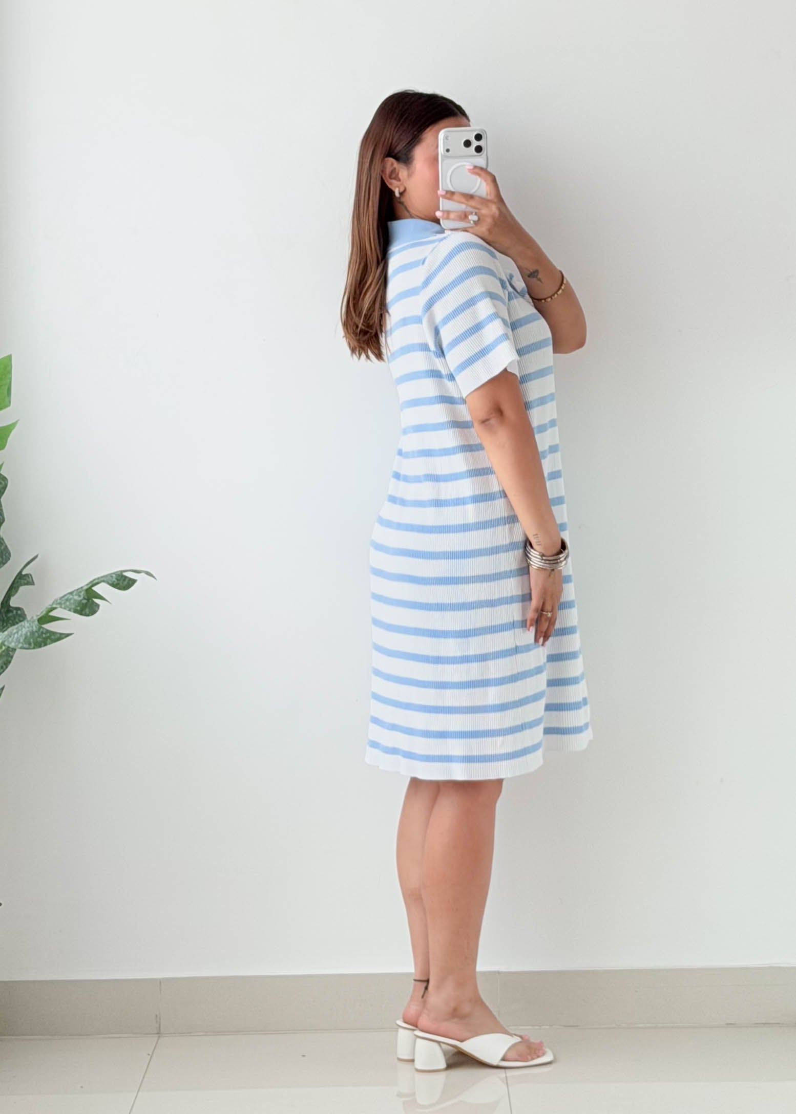 Size XL-2XL Sky Blue Striped Polo Knit Dress