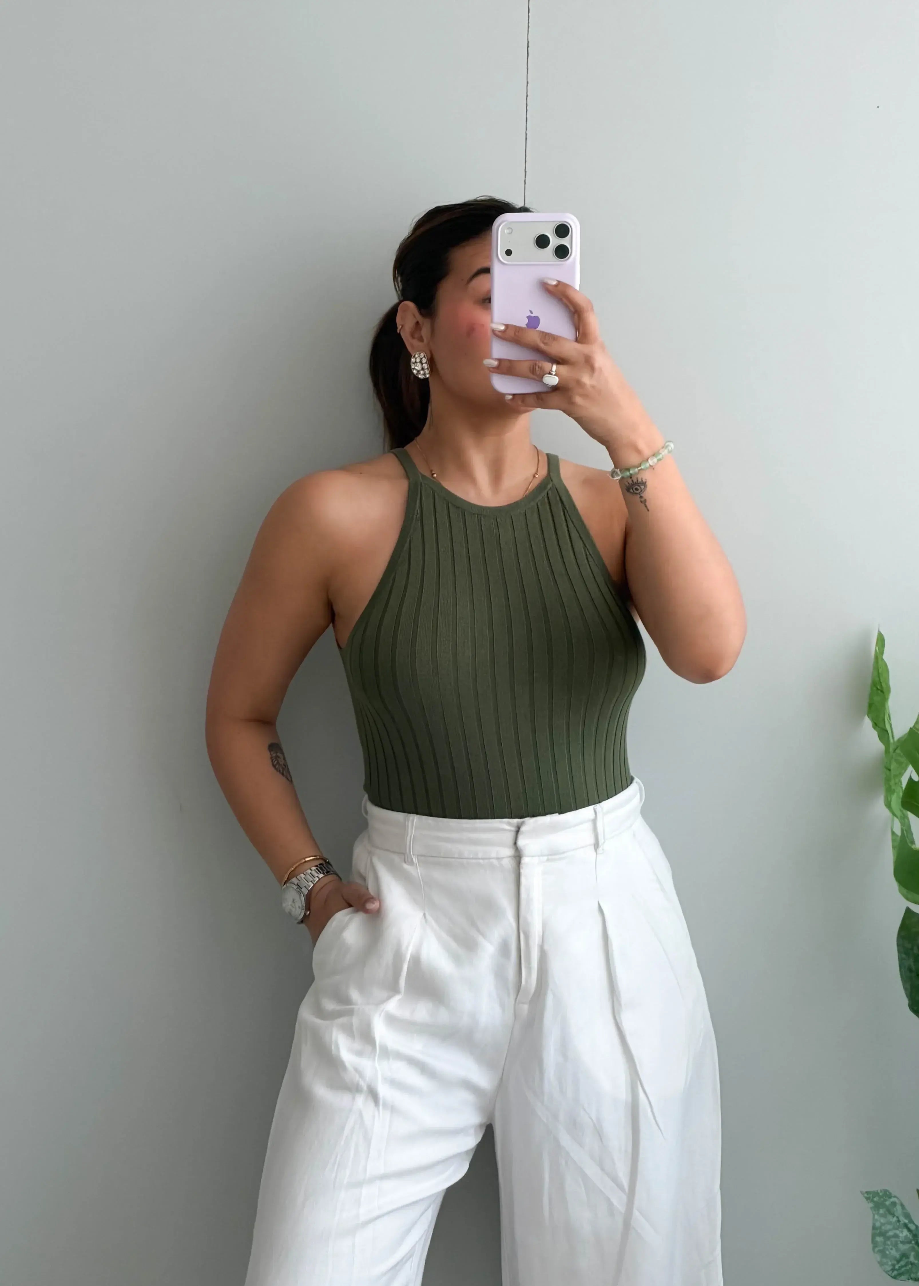 Size S-M Olive Ribbed Halter Neck Top - Closet by Payal