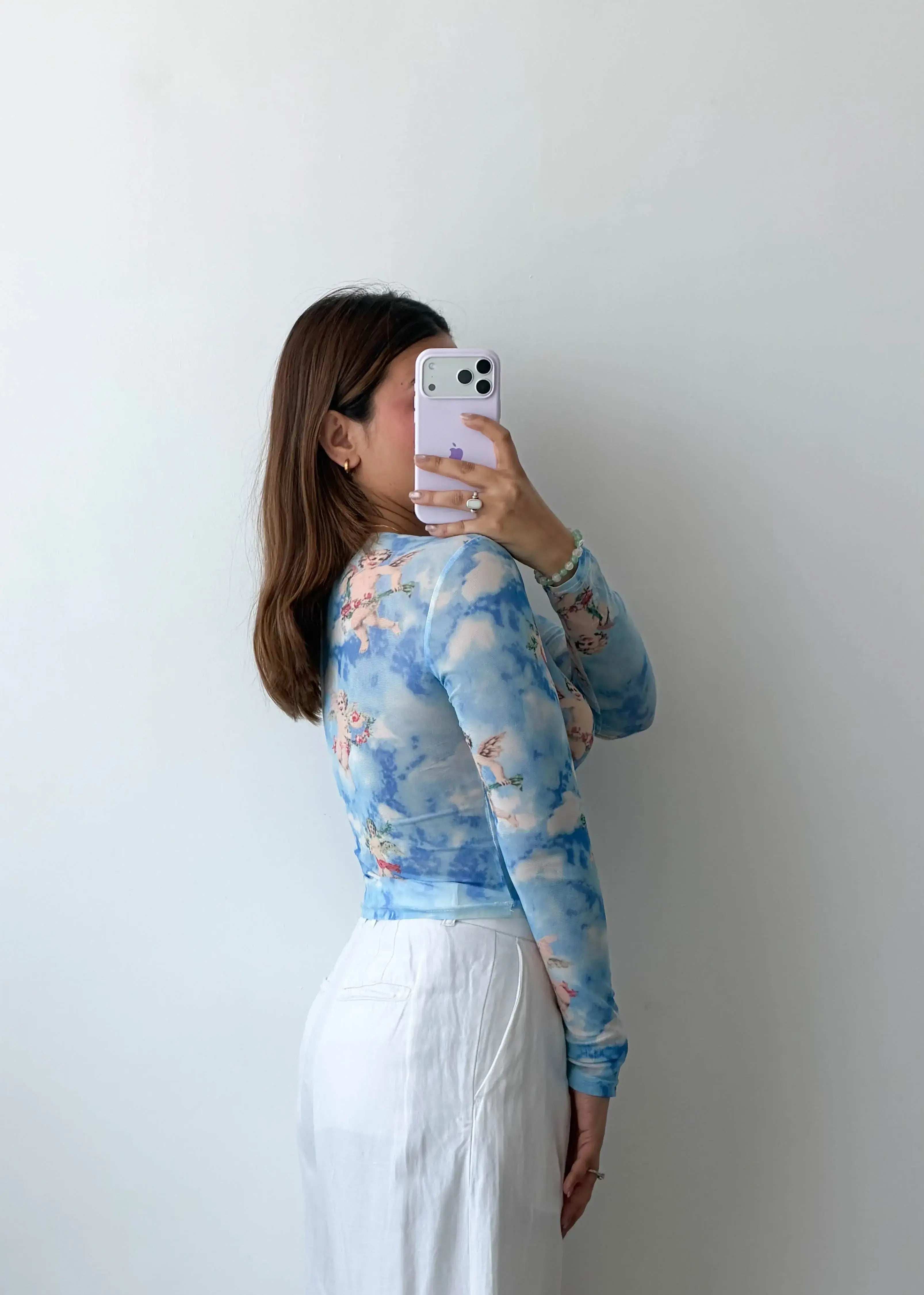 Size S-M Blue Angel Print Mesh Top