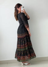 Size XS-S Black Ethnic Print Tiered Maxi Dress