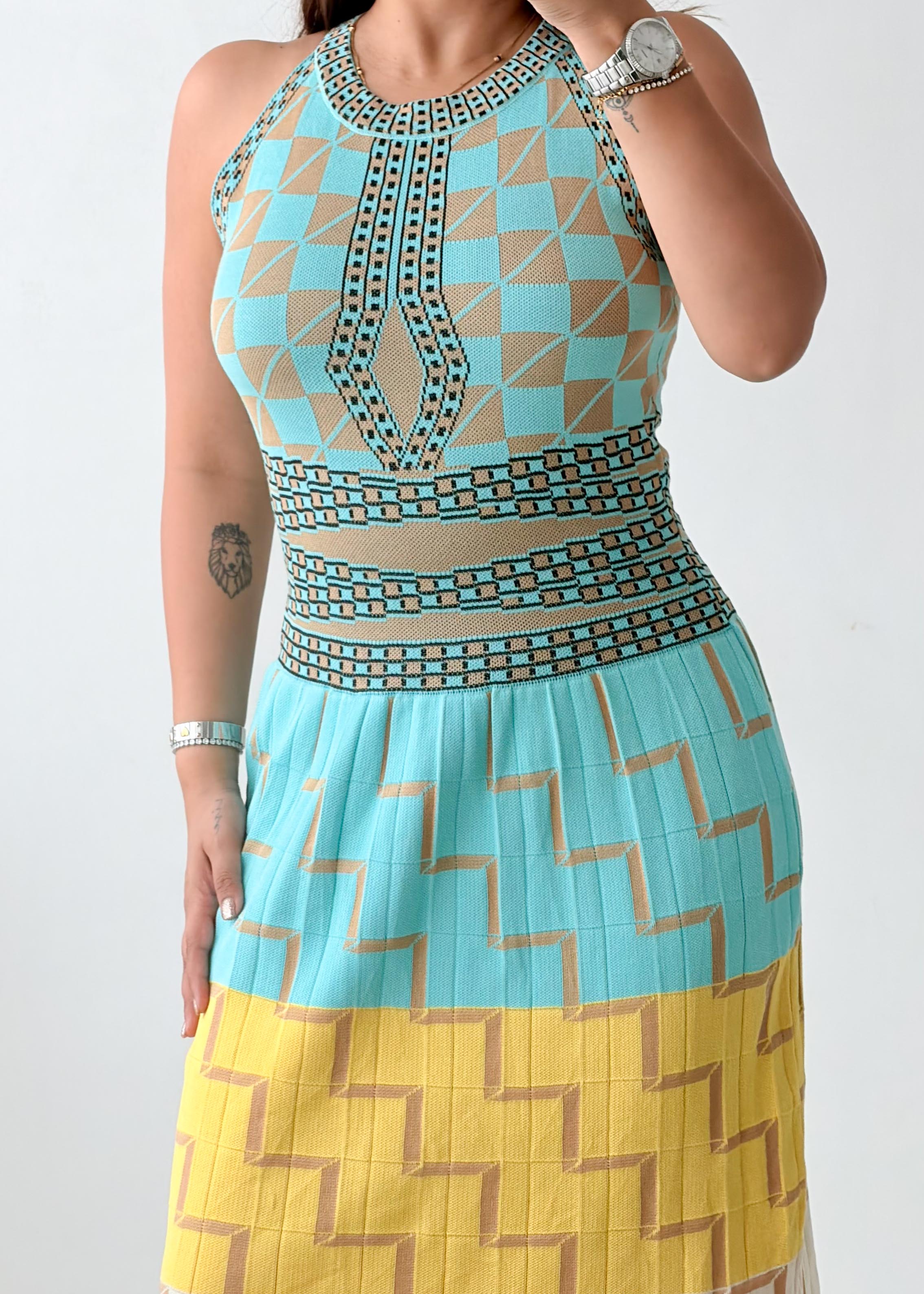 Size M-L Multicolor Geometric Knit Midi Dress