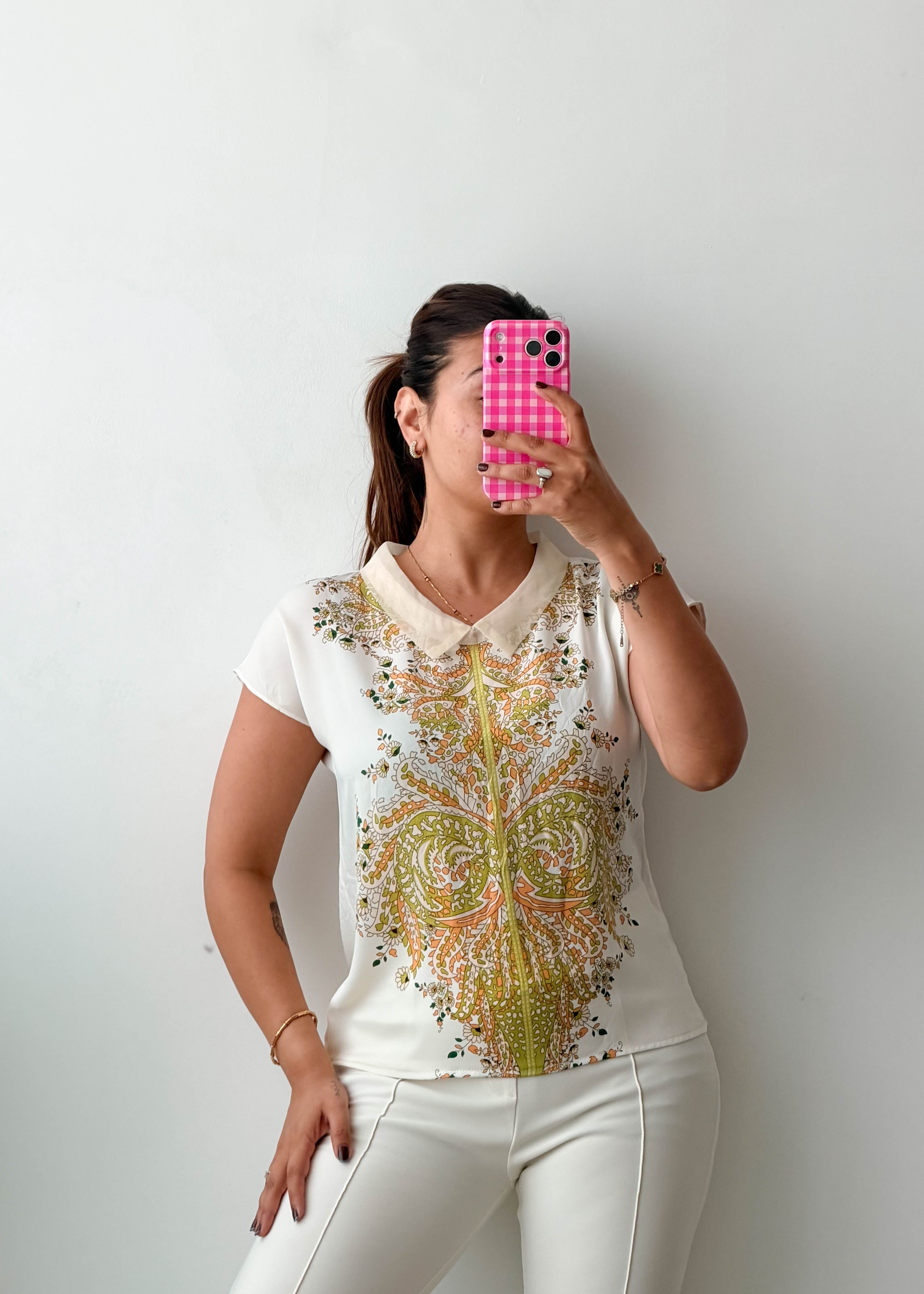 Size XS-S White Embellished Printed Polo Top