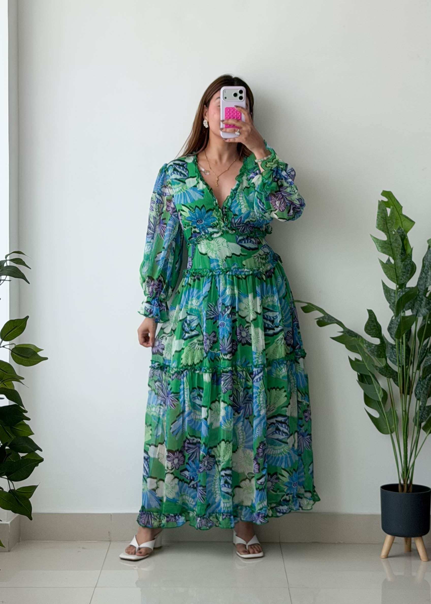 Size M-L, Green Floral Maxi Dress