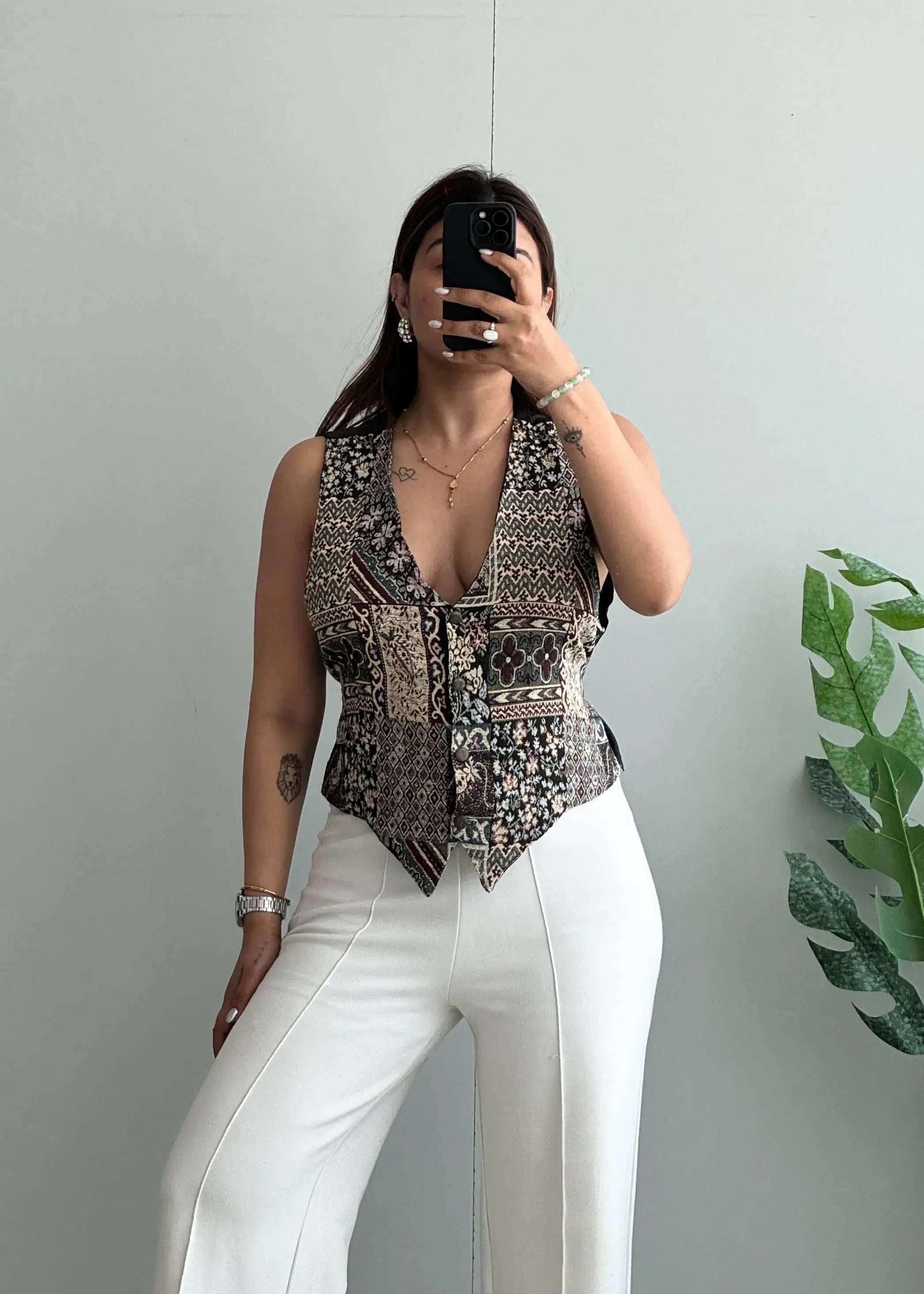 Size L, Vintage Patchwork Button Front Vest Top with adjustable back - Closet by Payal
