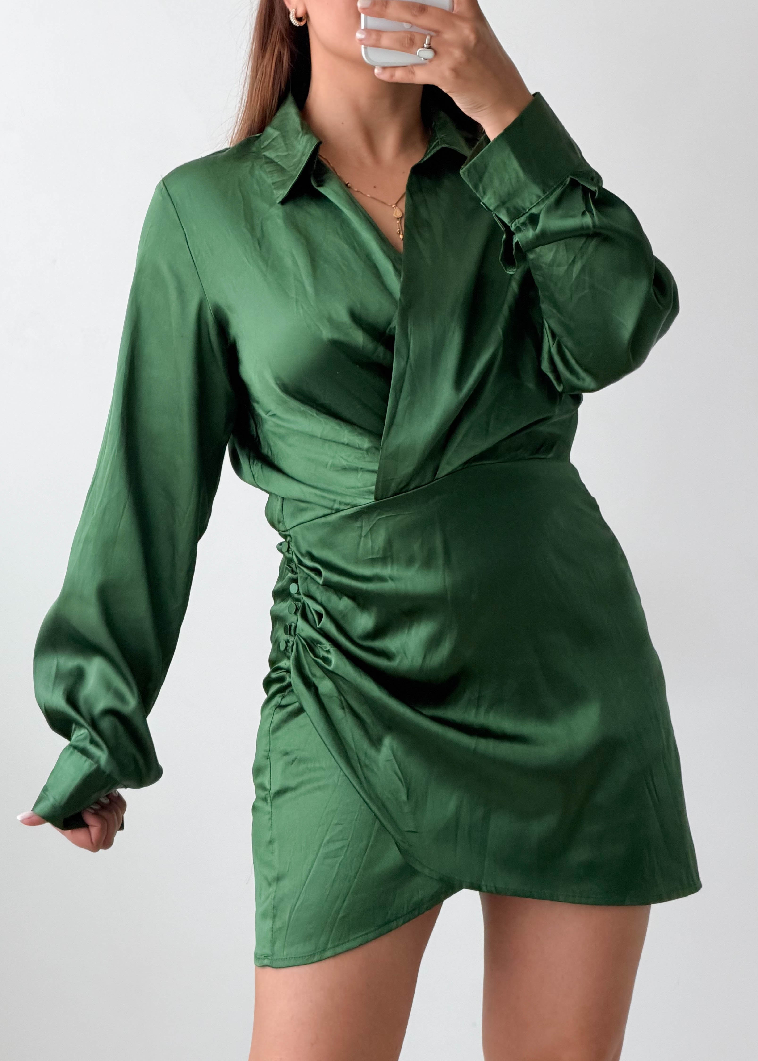 Size M Green Satin Ruched Wrap Mini Dress
