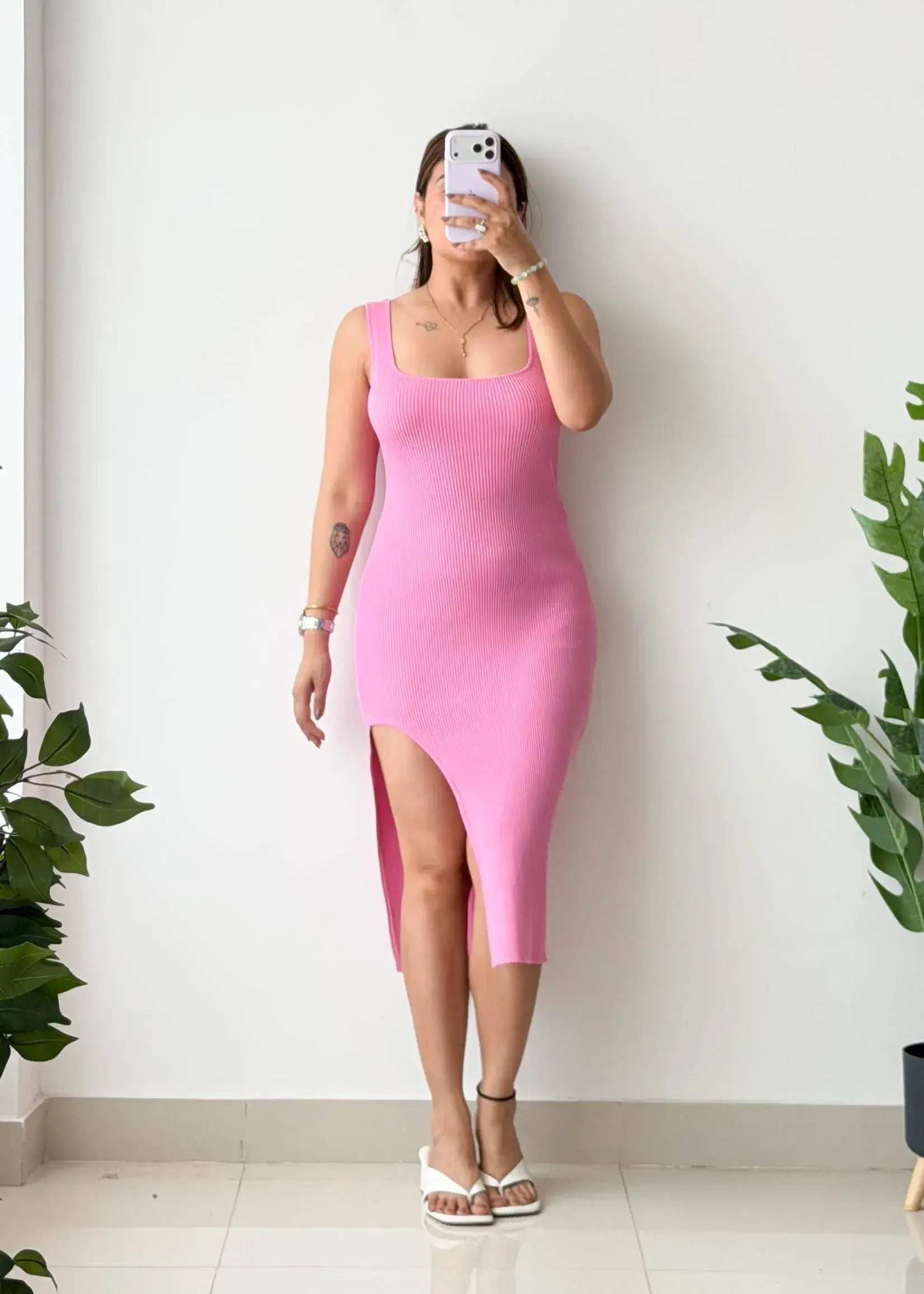 Size S-M, Pink Ribbed Side Slit Midi Dress - Closet by Payal