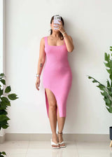 Size S-M, Pink Ribbed Side Slit Midi Dress - Closet by Payal