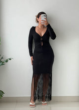 Size M-L Black Fringe Hem Bodycon Maxi Dress