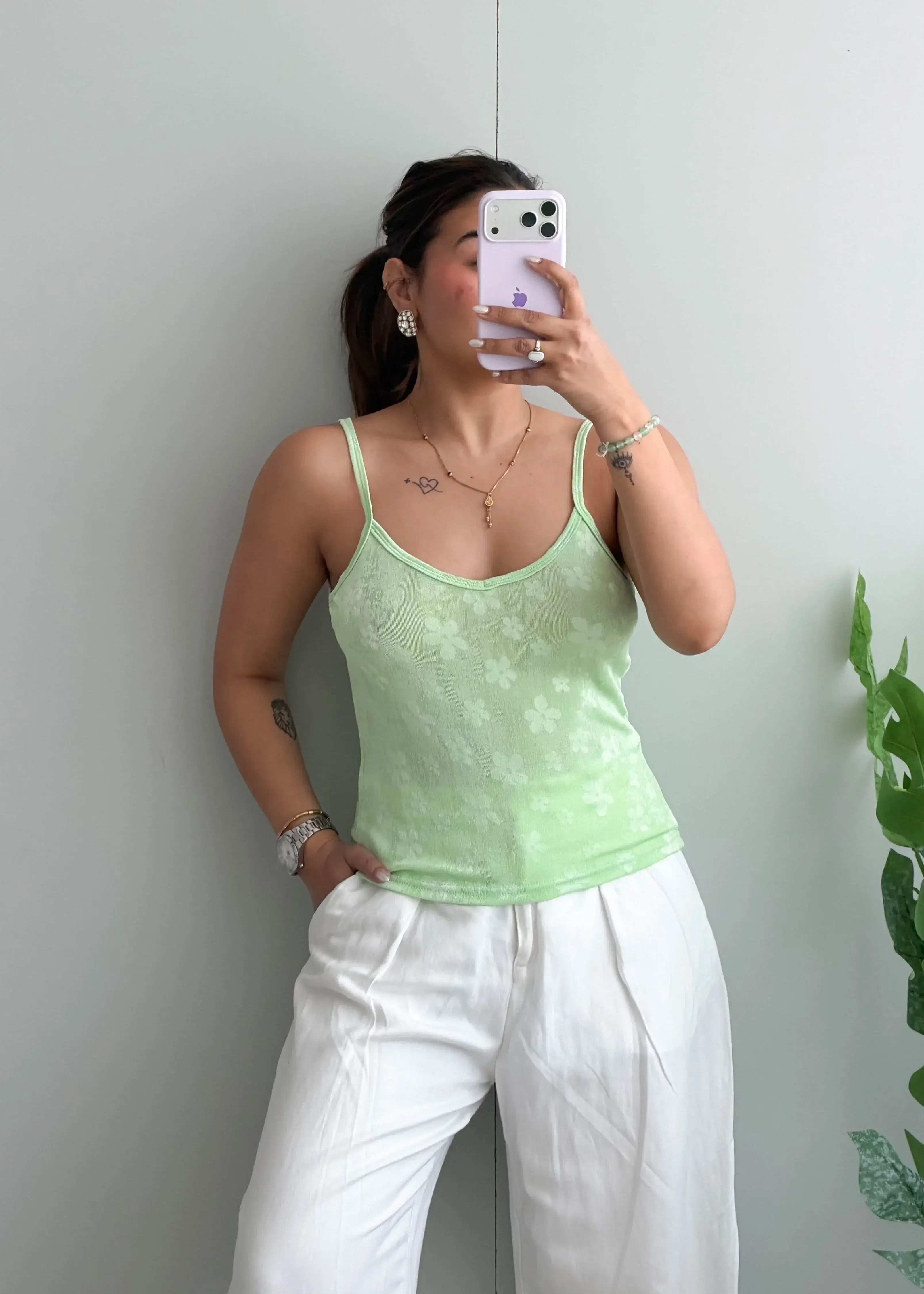 Size M-L, Light Green Floral Tank Top - Closet by Payal