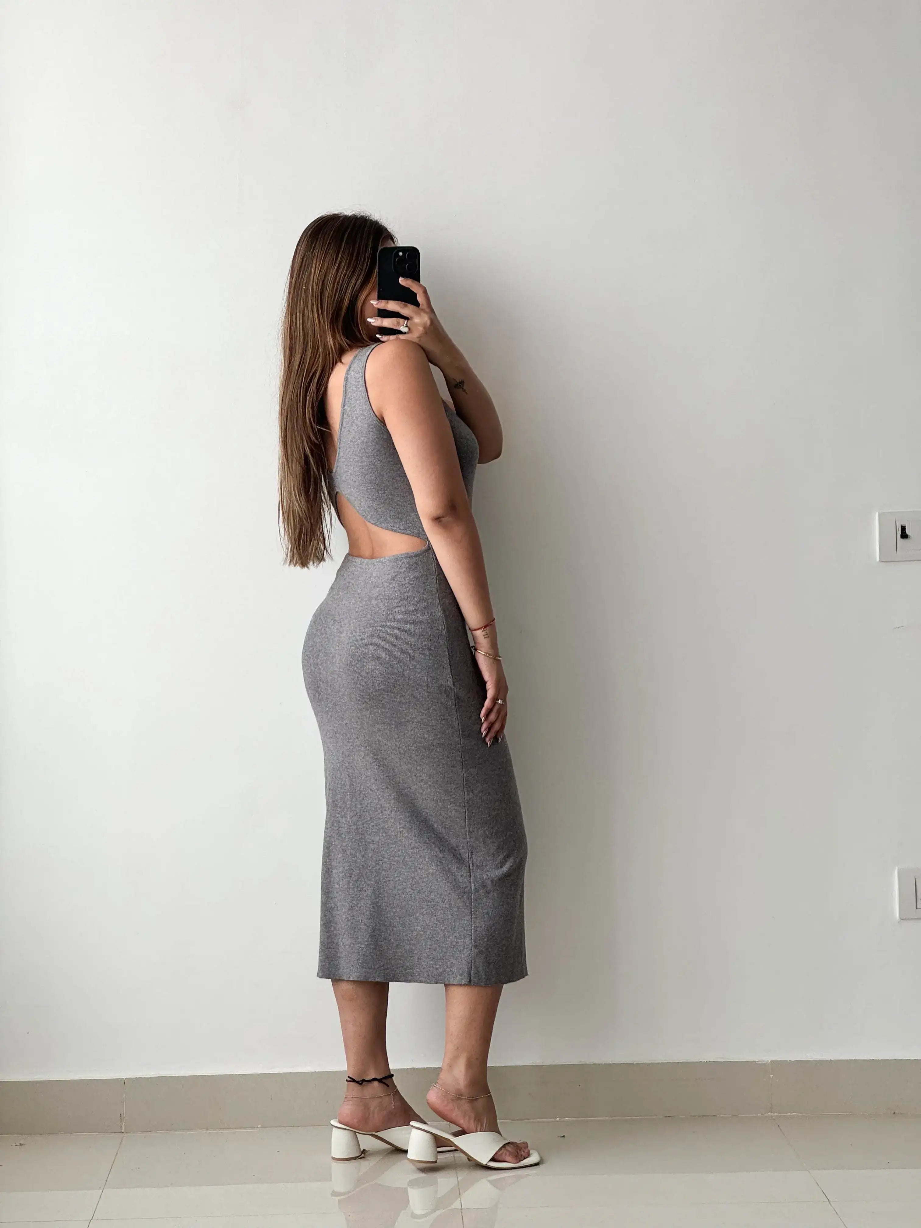 Size S-M, Grey Ribbed Bodycon Midi Dress