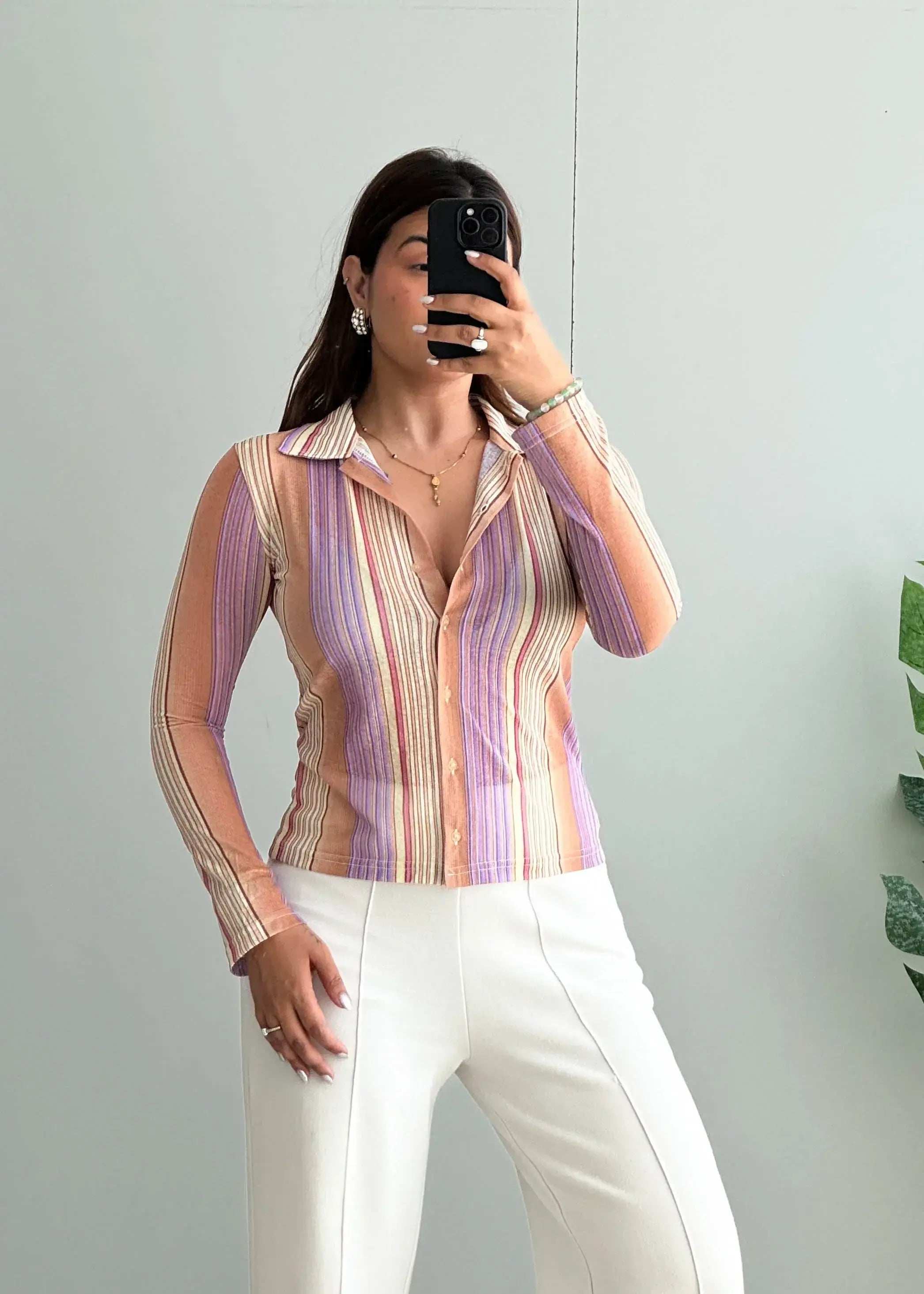 Size XS-S, Retro Striped Fitted Button-Up Top - Closet by Payal