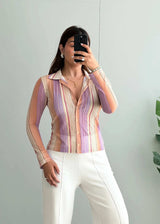 Size XS-S, Retro Striped Fitted Button-Up Top - Closet by Payal