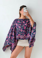 Free Size Navy Floral Batwing Kaftan Top