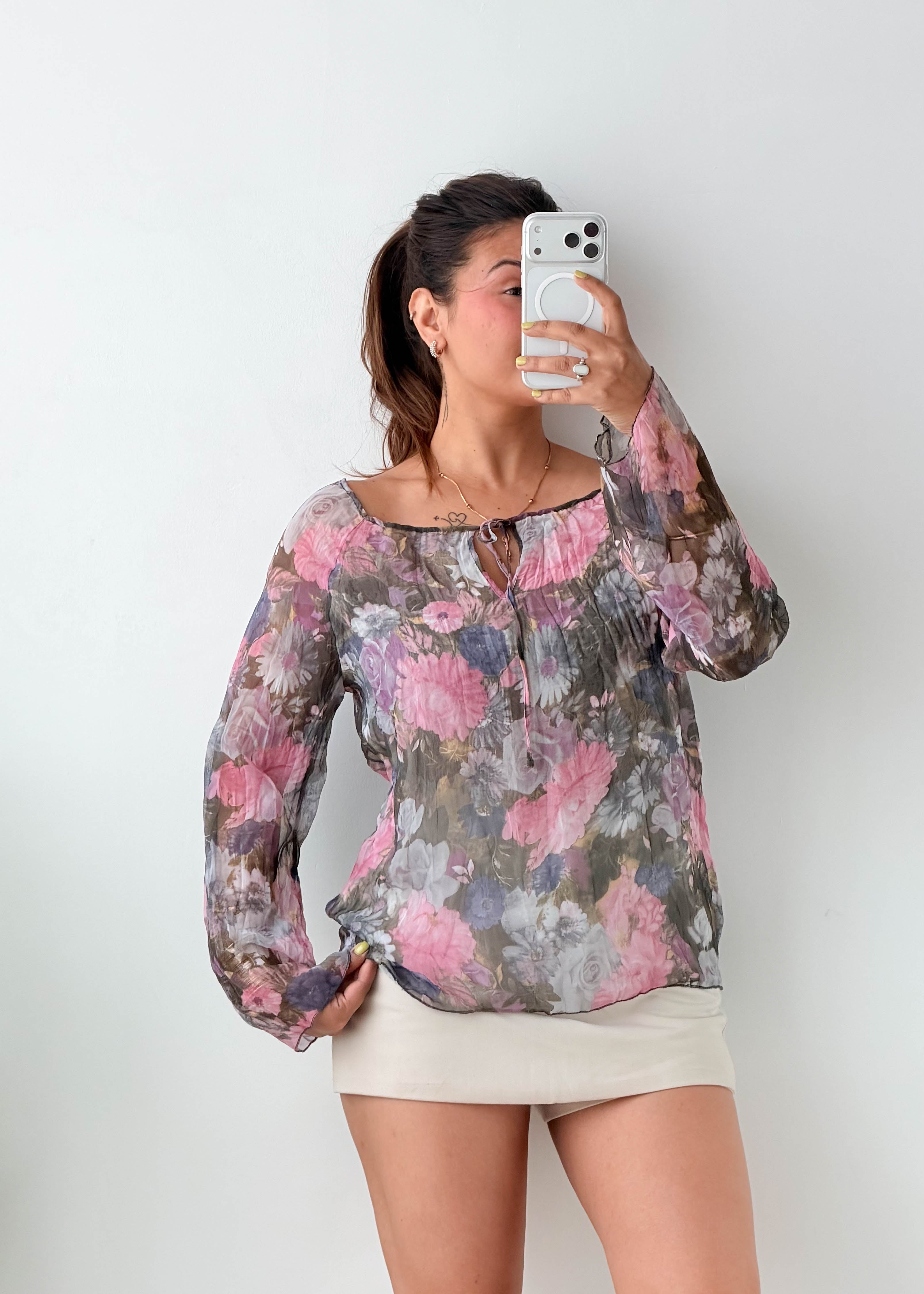 Size S-M Grey Pink Floral Sheer Blouse